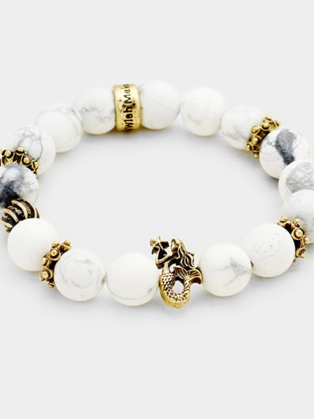 "Make a Wish" Mermaid Charm White Howlite Stretch Bracelet - Boho Beach Stacking